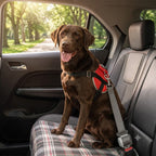 Dog wearing red harness secured with Adjustable Pet Car Seat Belt in back seat