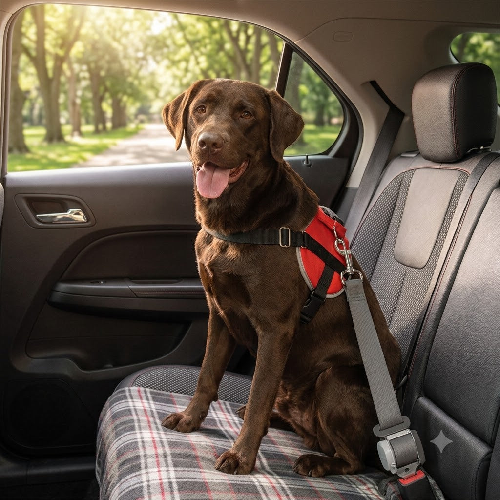 Dog wearing red harness secured with Adjustable Pet Car Seat Belt in back seat